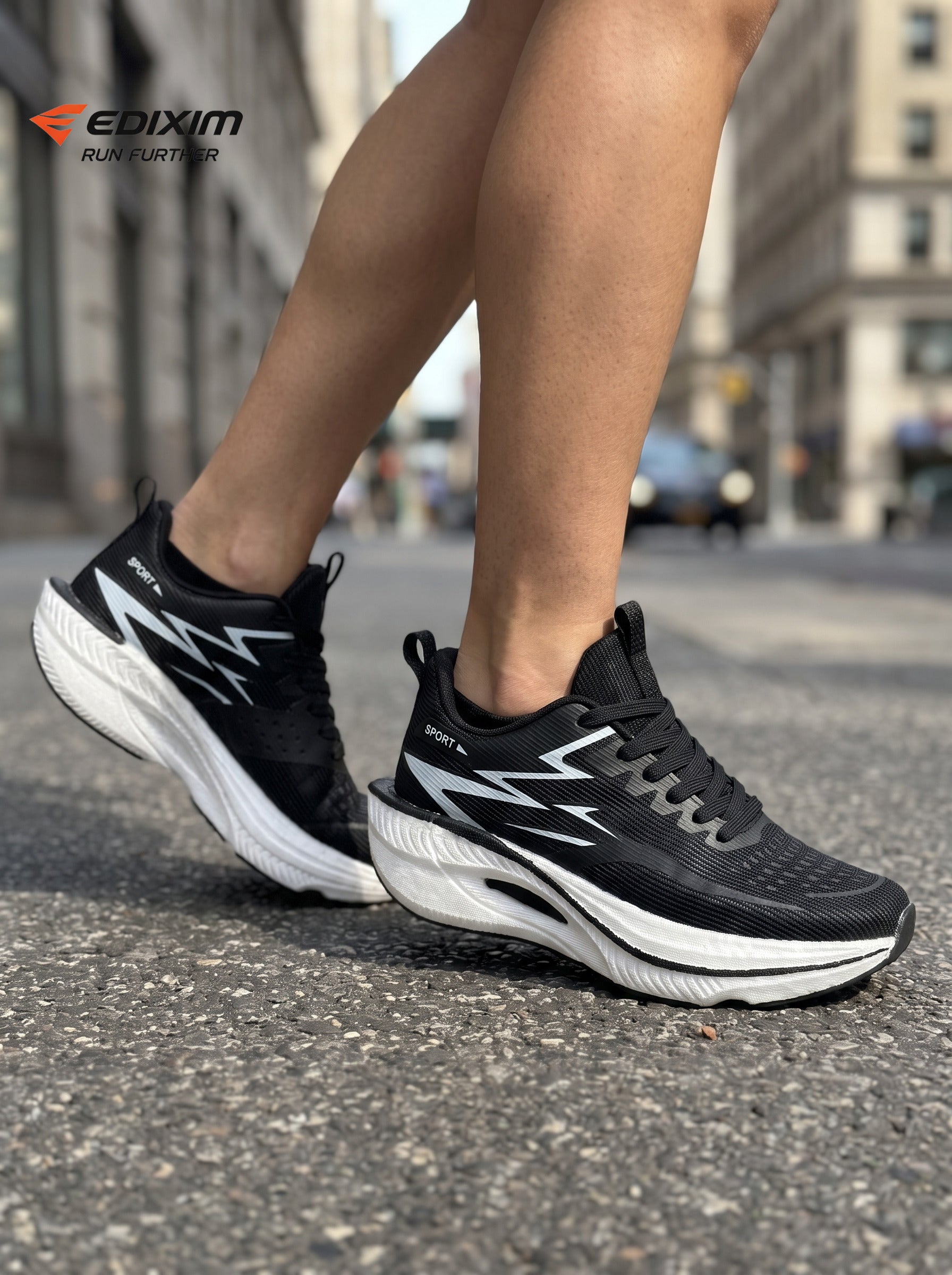 EDIXIM Black White Hollow Cutout Midsole Women Professional Running Sneakers Breathable Perforated Mesh Shock Absorbing Anti-Slip Road Jogging Athletic Trainers