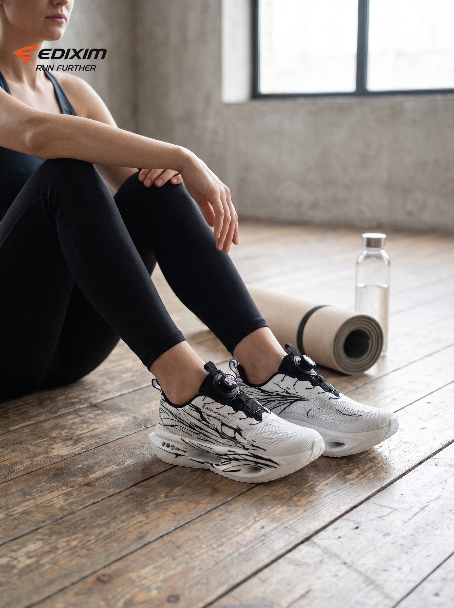 EDIXIM White Black BOA Quick Lace Women Running Sneakers Thick Cushion Shock Absorbing Athletic Trainers for Marathon Gym Daily Workout Run Further