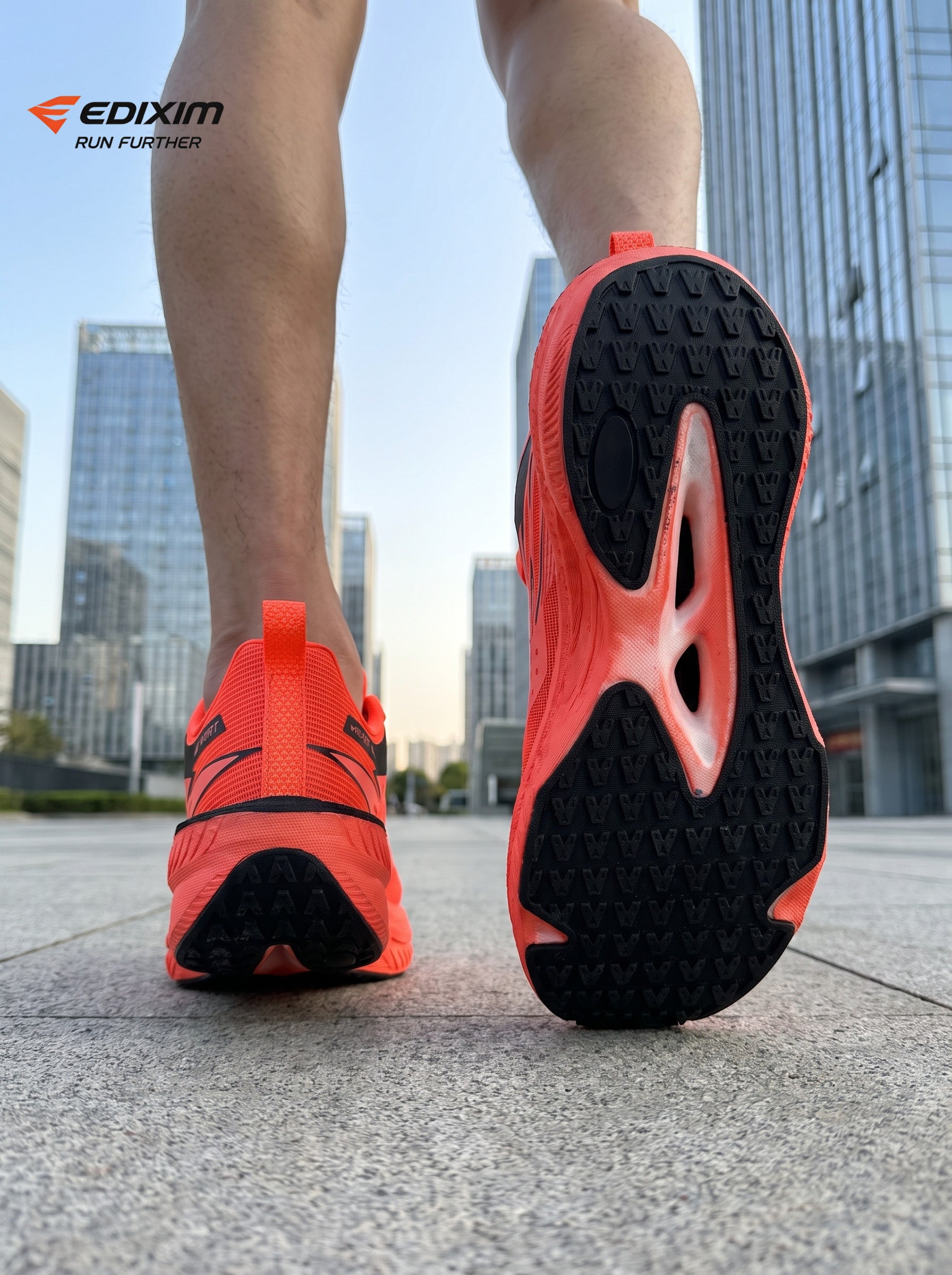 EDIXIM Bright Orange Hollow Cutout Midsole Women Professional Running Sneakers Breathable Perforated Mesh Shock Absorbing Anti-Collision Athletic Trainers Asphalt Road Jogging Shoes