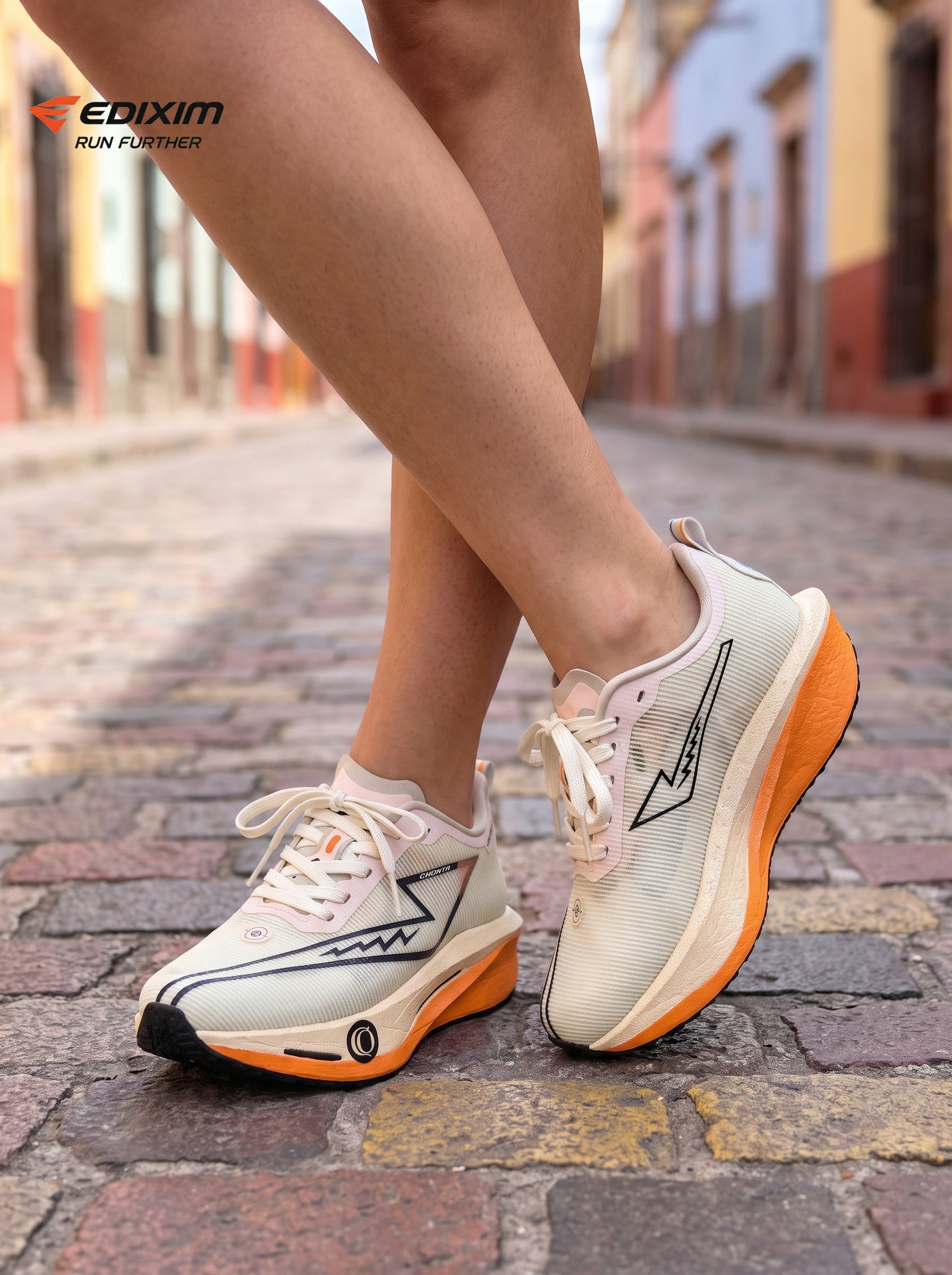 EDIXIM CHONTA Cream Orange Women Road Running Sneakers Hollow Thick Cushion Breathable Mesh Shock Absorbing Athletic Trainers for Latin Colonial Town Street Jogging Marathon Daily Workout