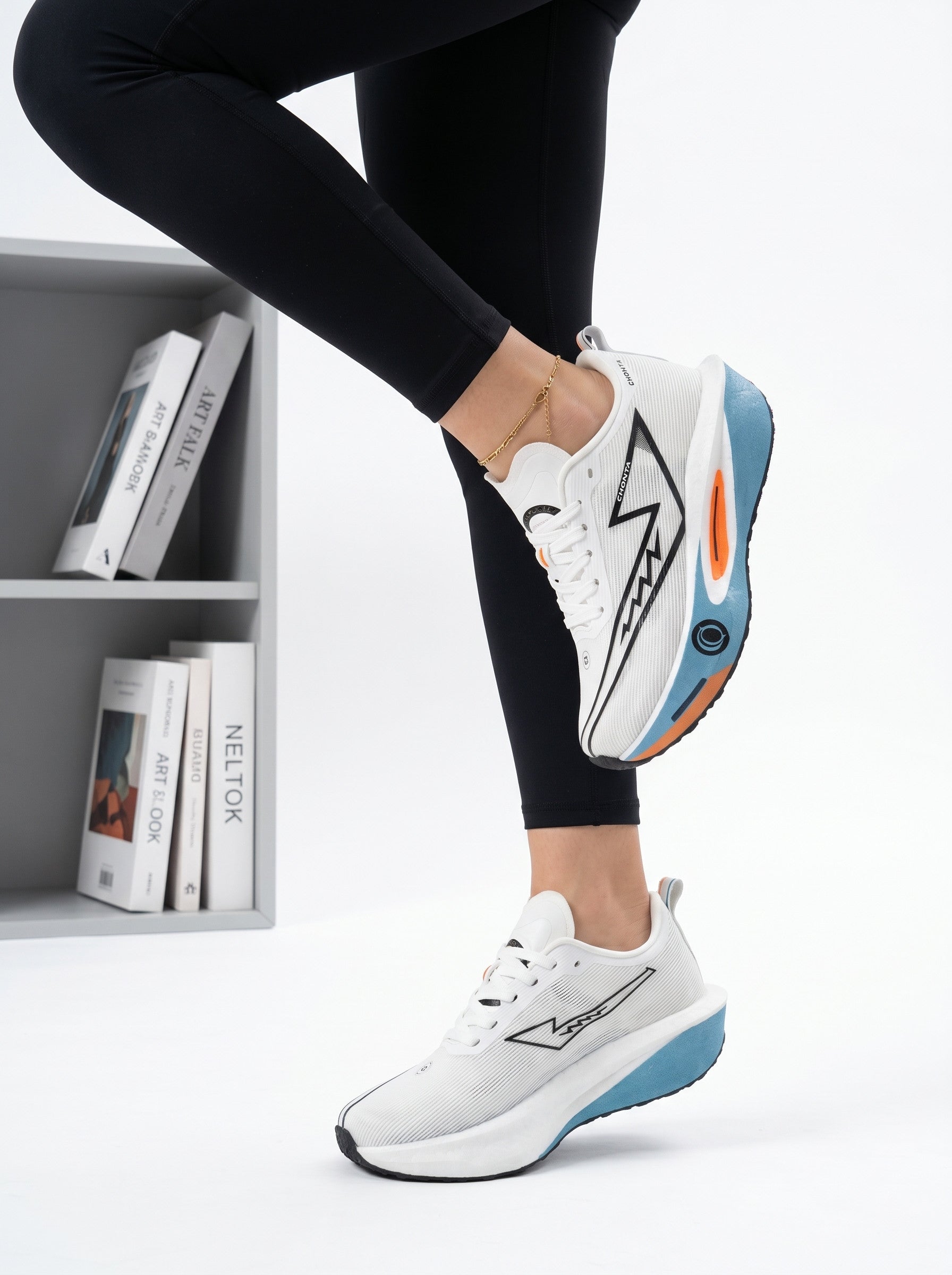 EDIXIM White Blue Orange Hollow Midsole Women Running Sneakers Lightweight Breathable Mesh Shock Absorbing Athletic Trainers for Marathon Jogging Gym Daily Casual Run Further