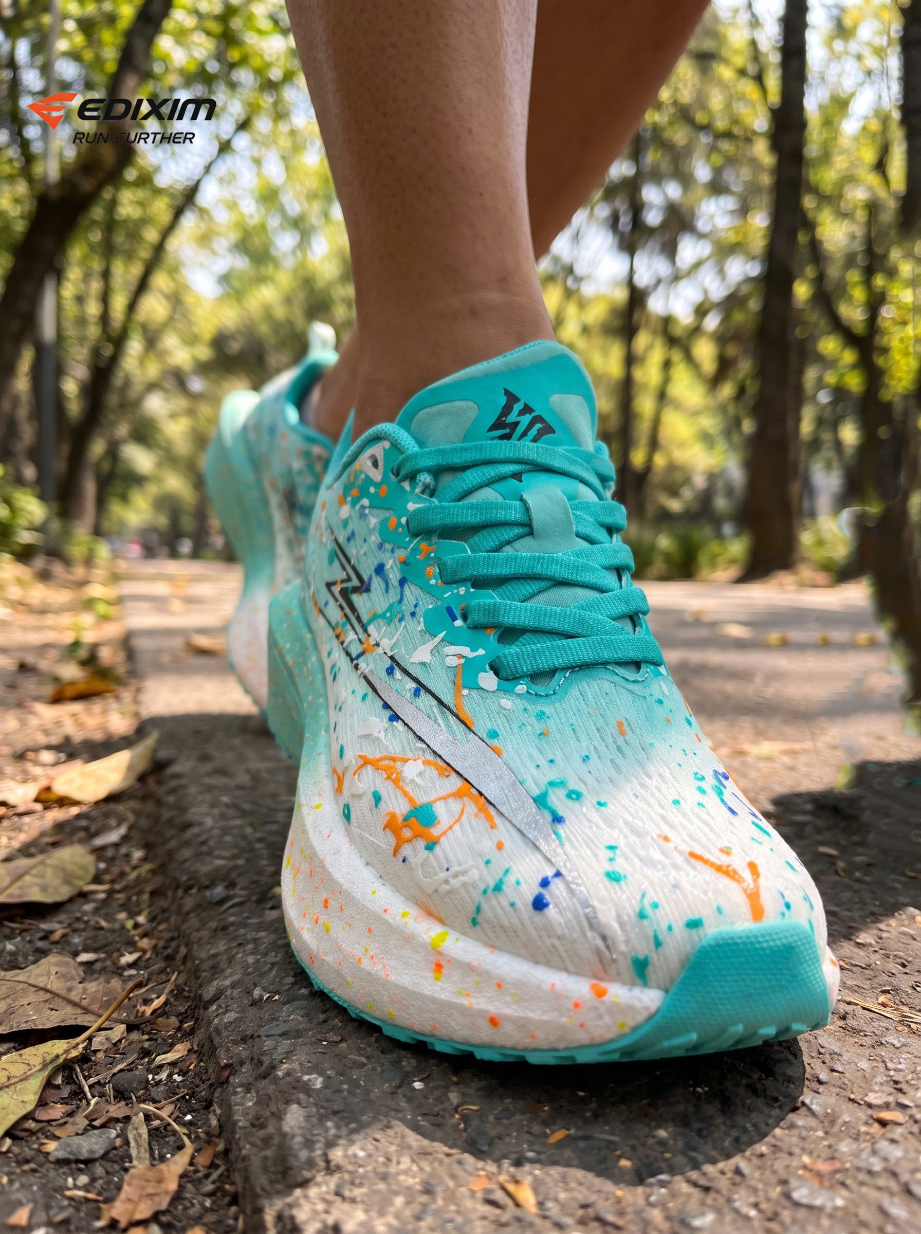 EDIXIM Cyan White Gradient Multicolor Paint Splatter Women Road Running Sneakers Ultra-Light Breathable Mesh 5.0 Shock Absorbing Wedge Cushion Athletic Trainers for City Urban Jogging Marathon Daily Workout