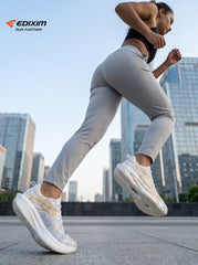 EDIXIM White Gold Adventurer Women Road Running Sneakers Ultra-Light Striped Breathable Mesh Thick Integrated Cushion Anti-Slip Athletic Trainers for Forest Park Trail Jogging Daily Outdoor Workout