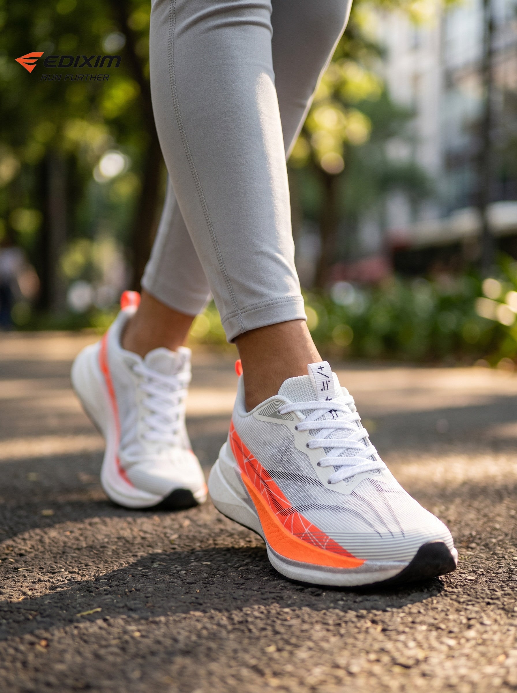 EDIXIM White Bright Orange Geometric Mesh Women Road Running Sneakers Ultra-Light Breathable Knit Thick White Wedge Shock Absorbing Cushion Athletic Trainers for Urban High-Rise Jogging Marathon Daily Fitness