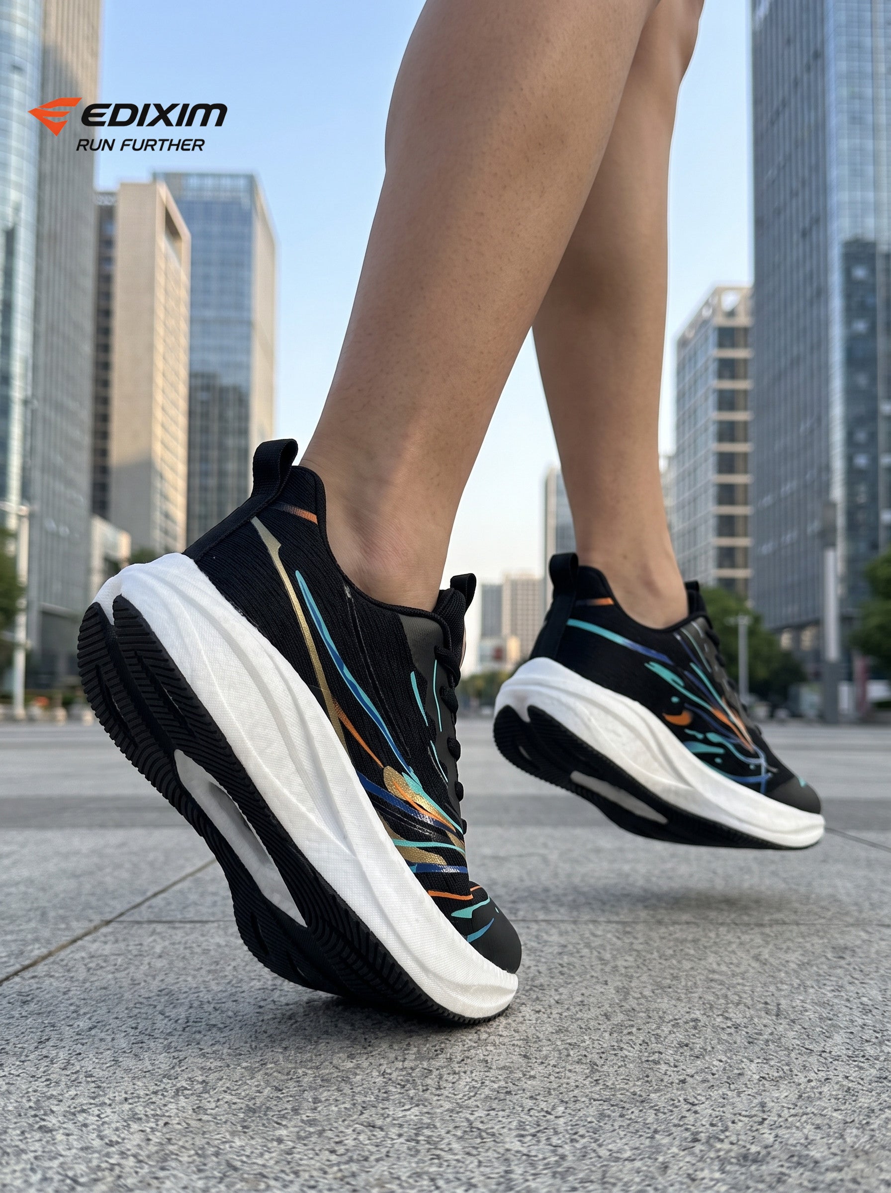 EDIXIM Black Multicolor Mesh Women Running Sneakers Thick Cushion Shock Absorbing Athletic Shoes Run Further