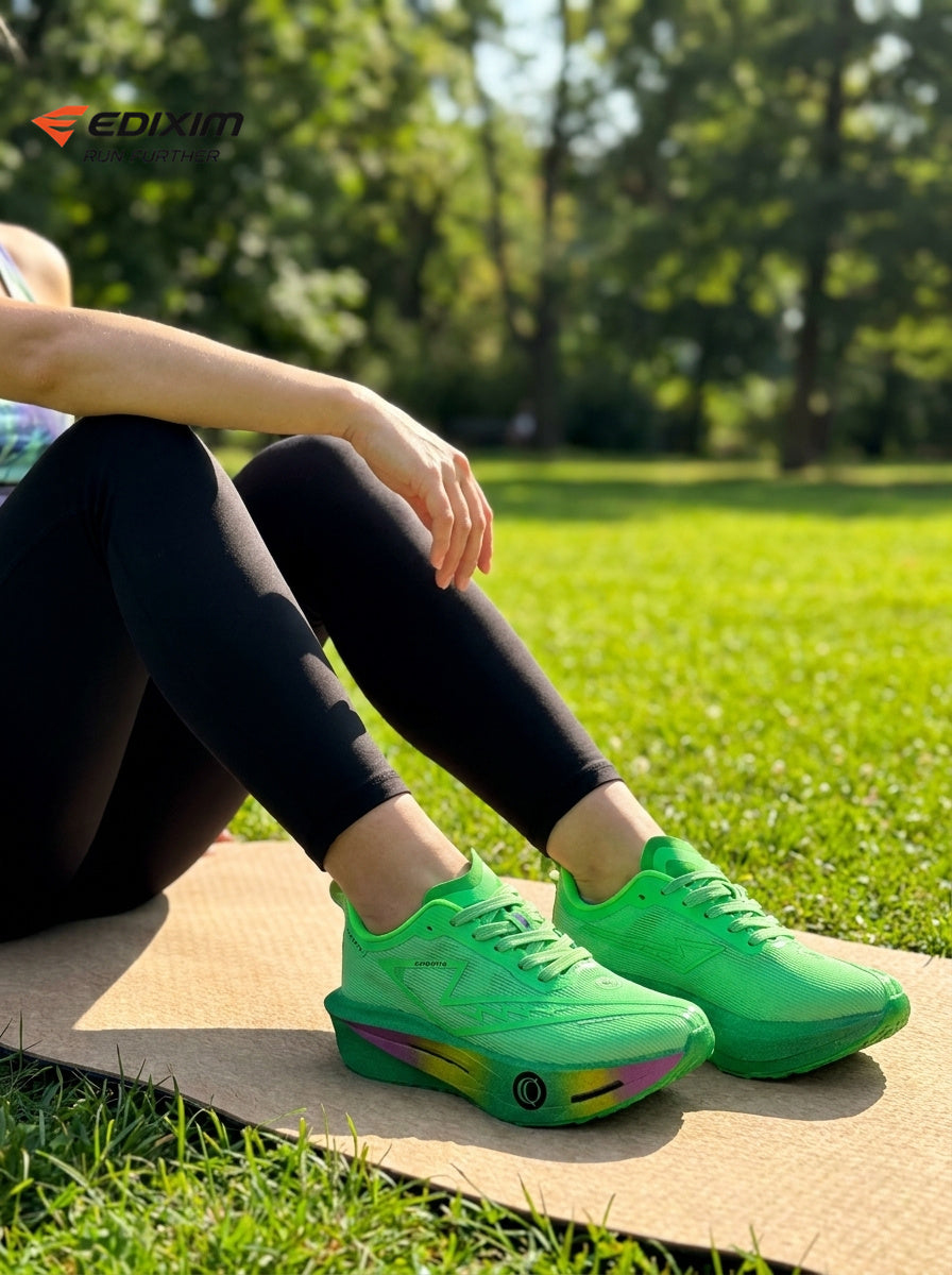 EDIXIM Full Fluorescent Green BOA Twist Lock Women Running Sneakers Hollow Thick Cushion Shock Absorbing Athletic Trainers for Marathon Night Jogging Gym Yoga Daily Workout Run Further