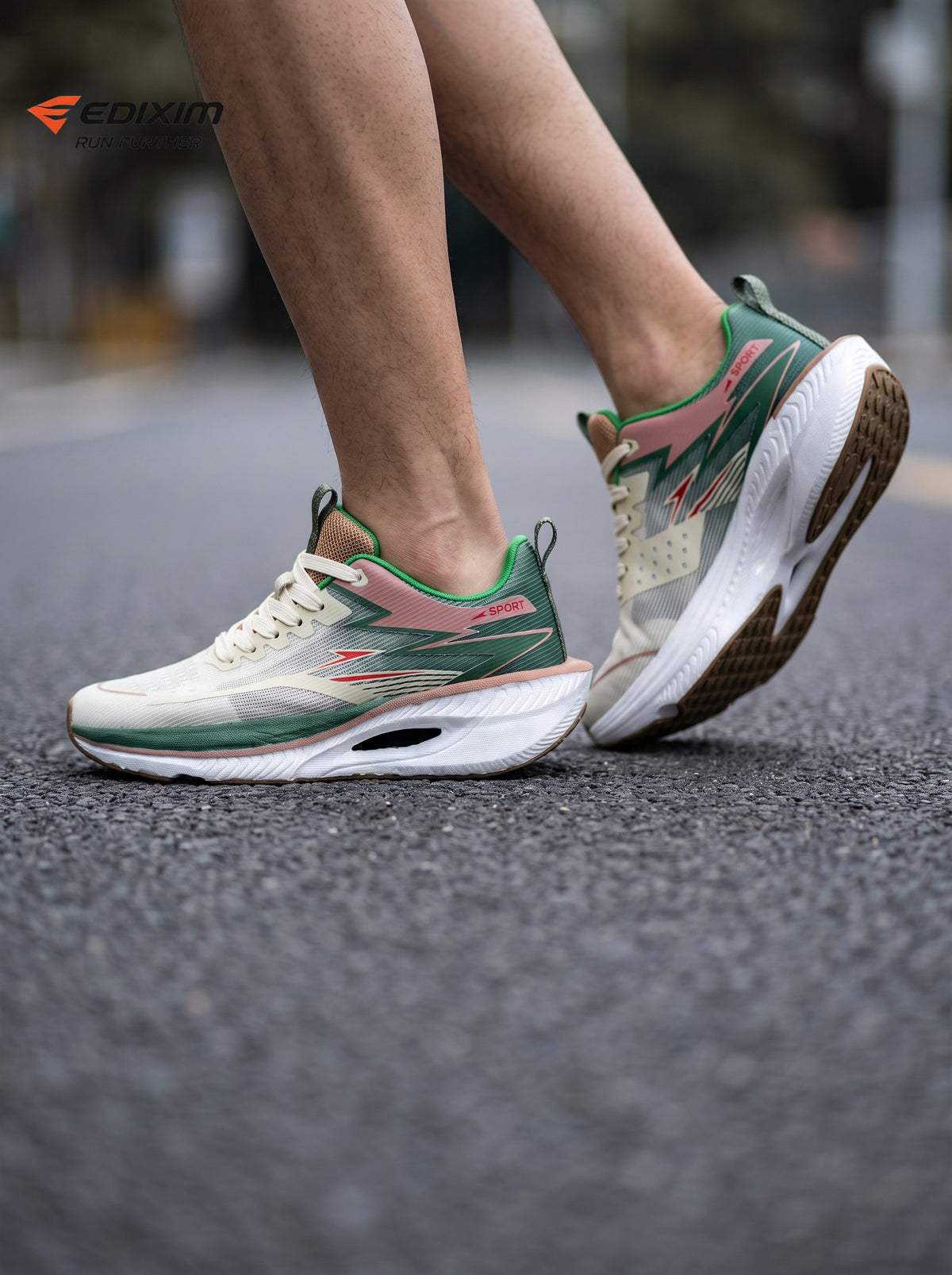 EDIXIM Cream Green Pink Hollow Cutout Midsole Women Running Sneakers Breathable Mesh Shock Absorbing Athletic Trainers Asphalt Road Jogging Shoes