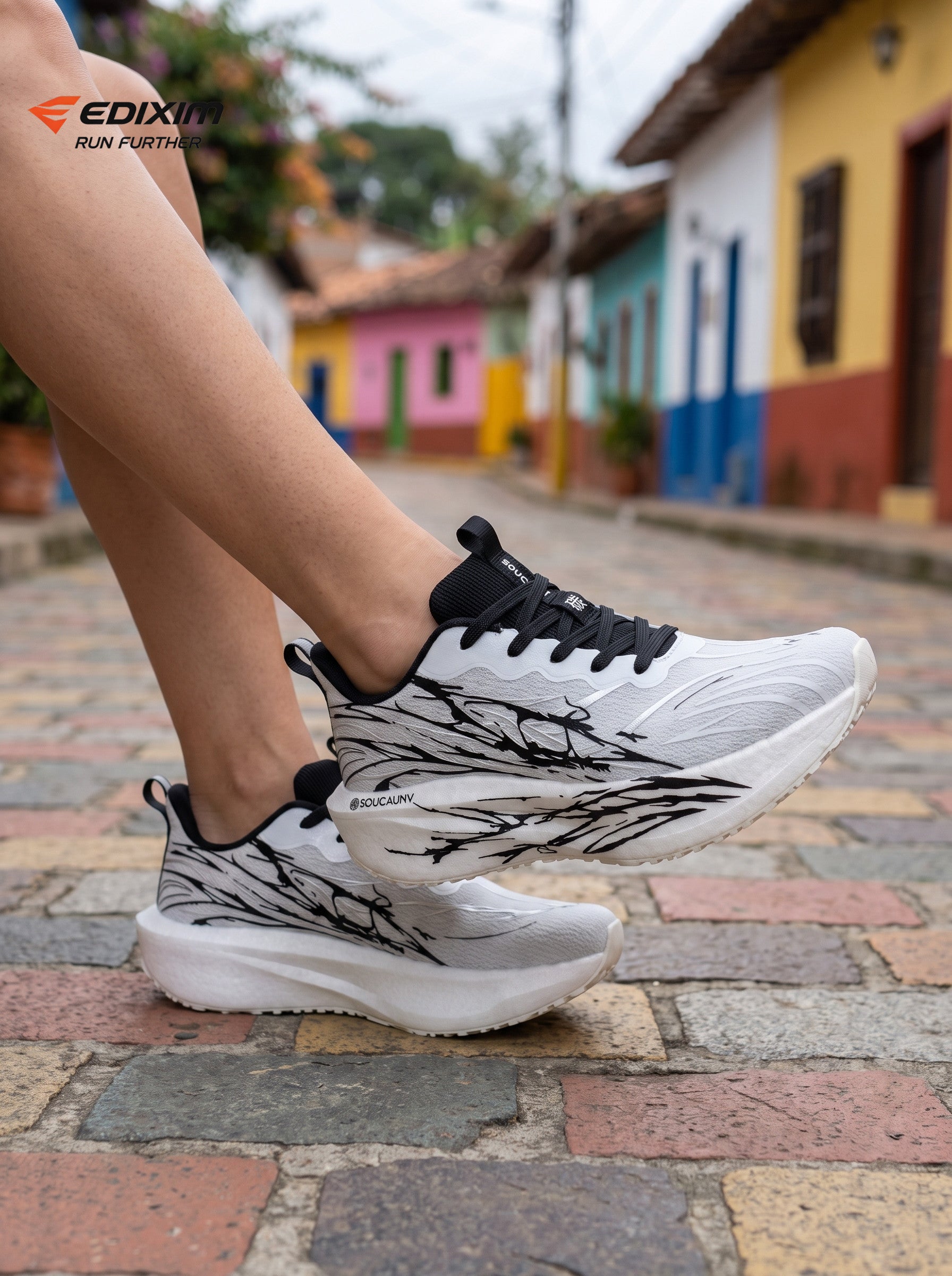 EDIXIM White Black Abstract Ink Print Women Road Running Sneakers Ultra-Light Breathable Mesh Thick Shock Absorbing Cushion Athletic Trainers for Latin Colonial Town Jogging Marathon Daily Workout