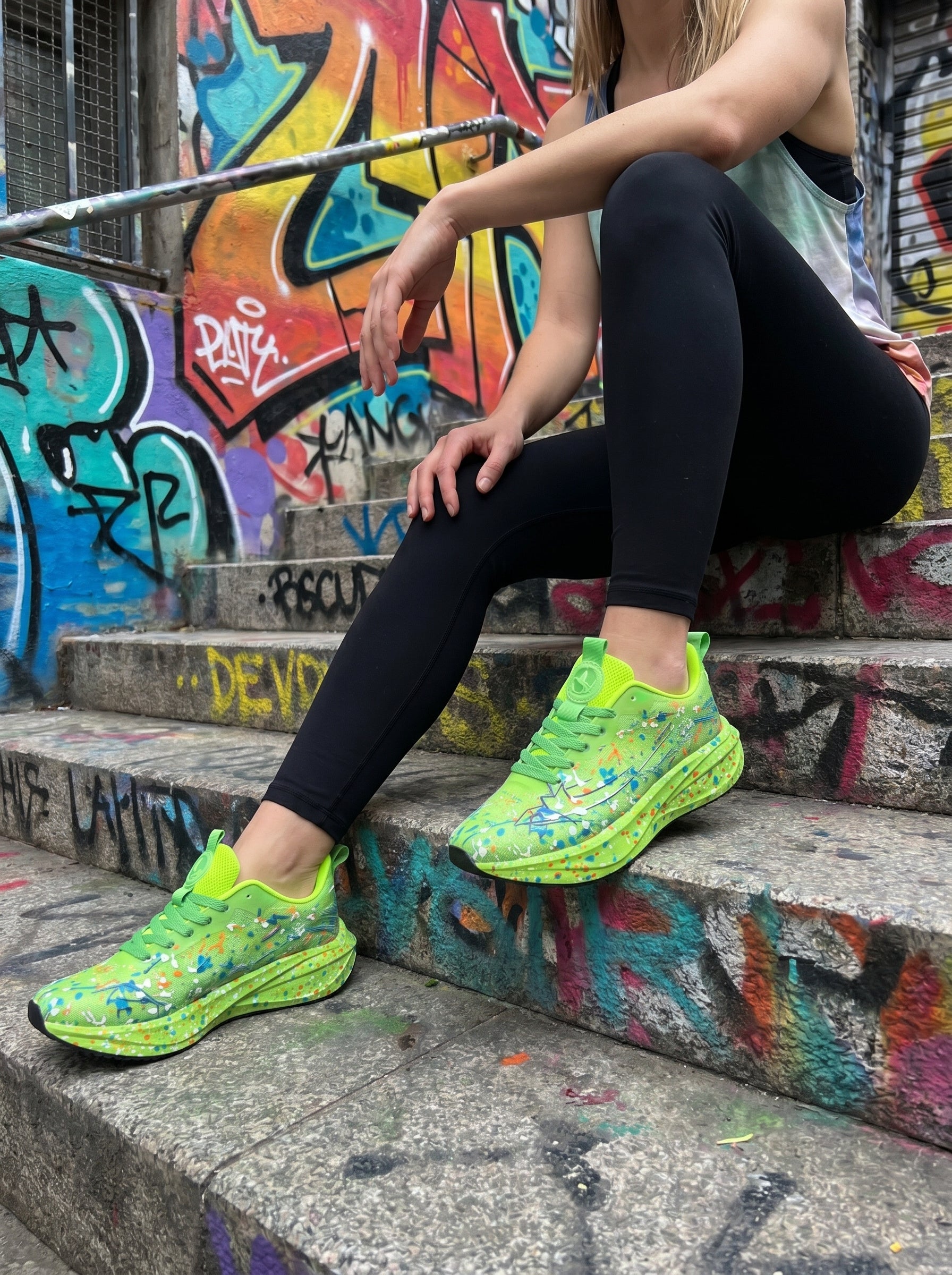 Neon Lime Green Splash Print Women Running Sneakers Light Breathable Cushioned Athletic Shoes Edixim