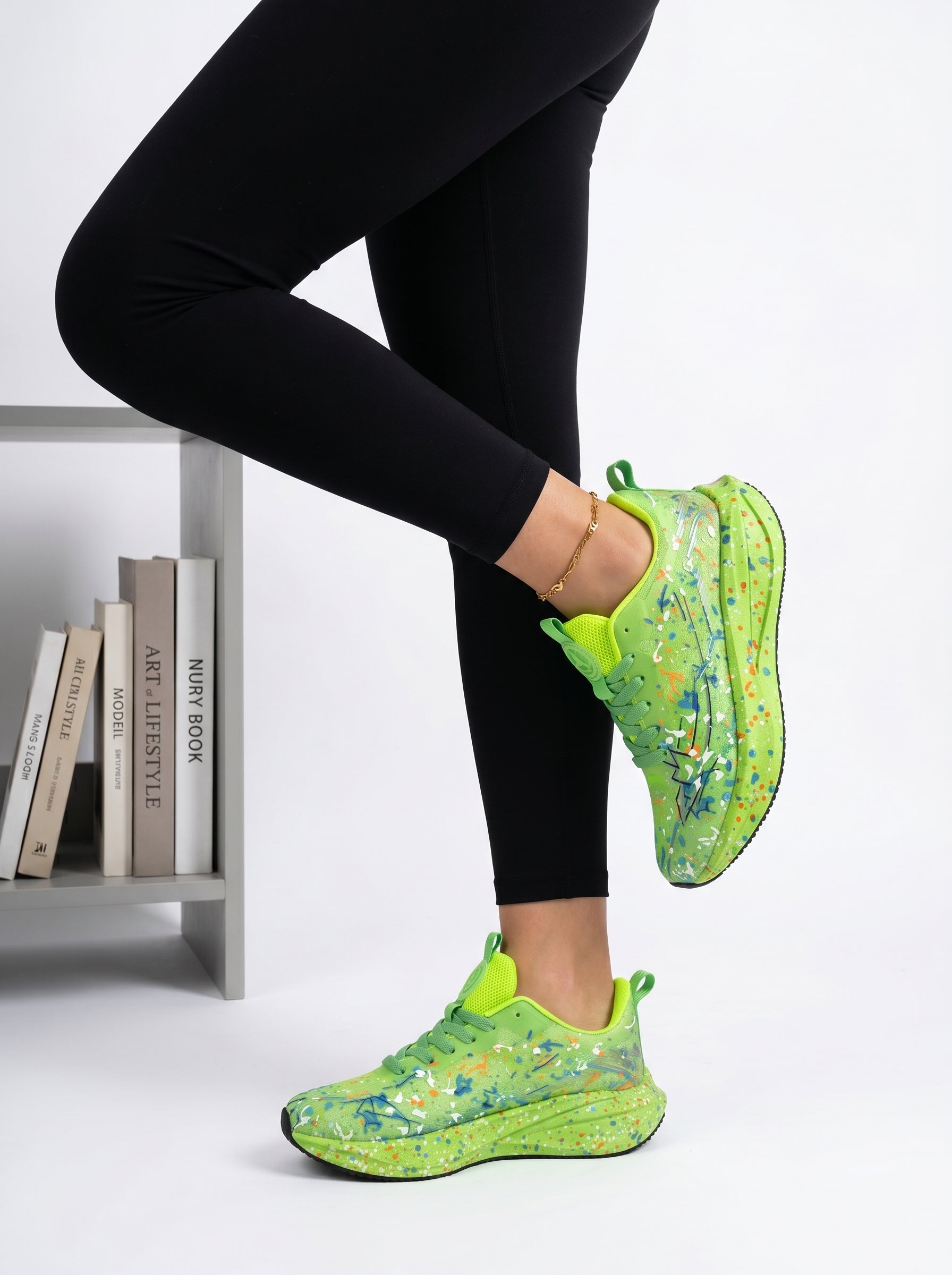 Neon Lime Green Splash Print Women Running Sneakers Light Breathable Cushioned Athletic Shoes Edixim