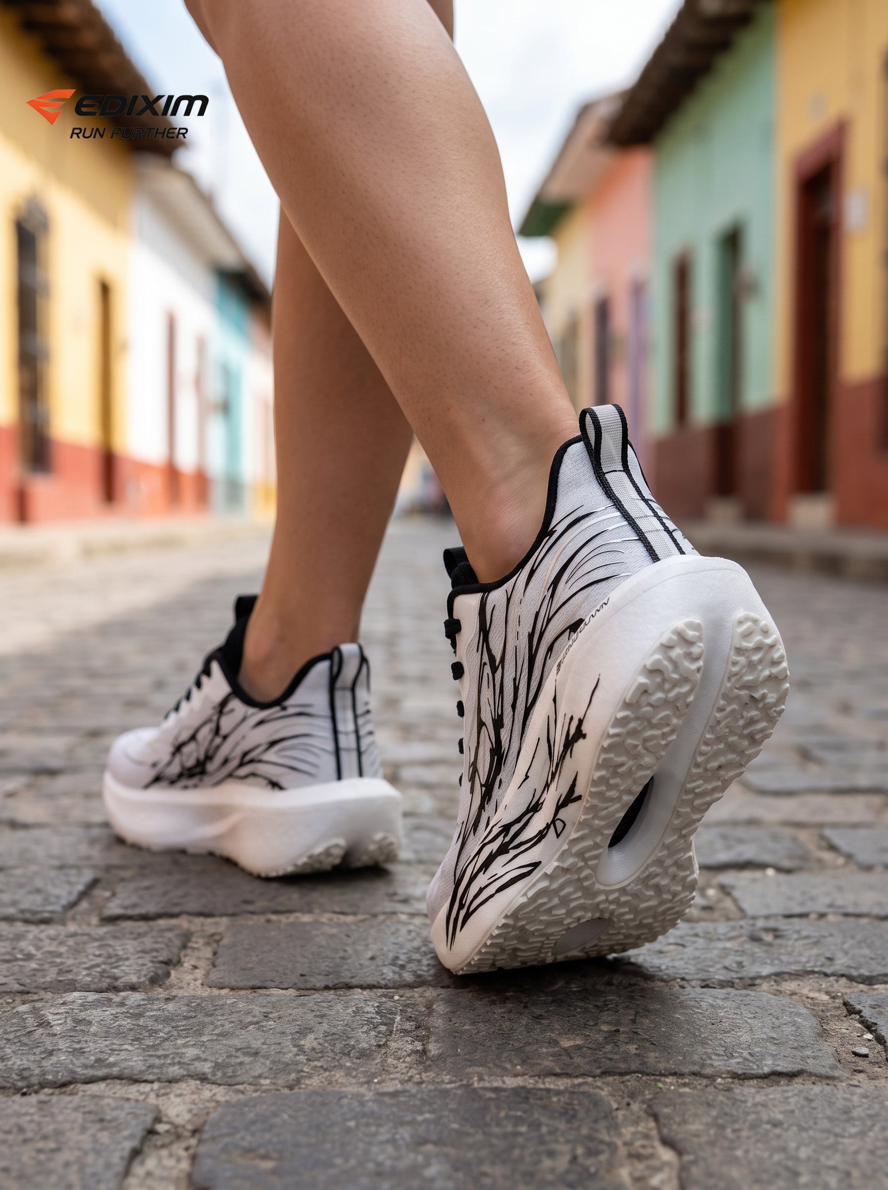 EDIXIM White Black Abstract Ink Print Women Road Running Sneakers Ultra-Light Breathable Mesh Thick Shock Absorbing Cushion Athletic Trainers for Latin Colonial Town Jogging Marathon Daily Workout