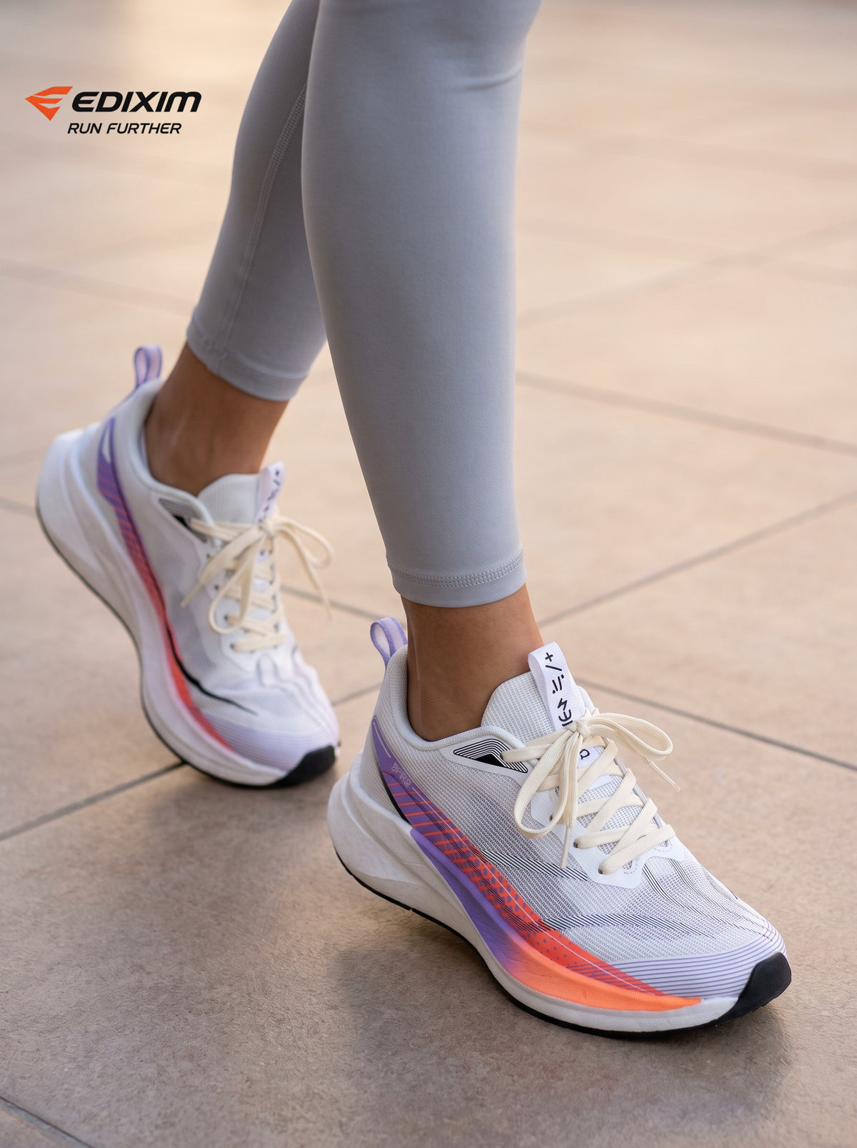 EDIXIM White Rainbow Gradient Strip Women Road Running Sneakers Ultra-Light Breathable Mesh Thick Shock Absorbing Cushion Athletic Trainers for City Street Jogging Marathon Daily Workout