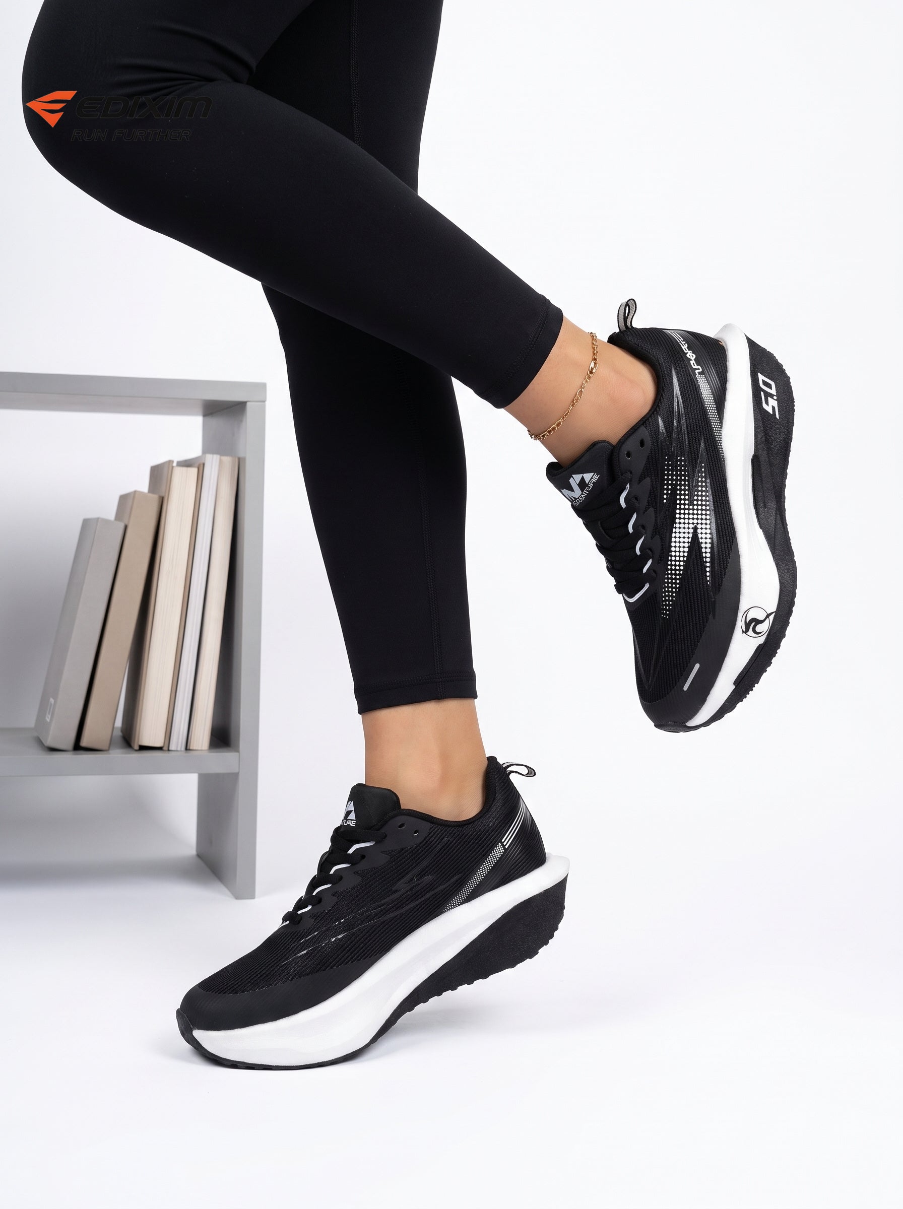 EDIXIM Black White Mesh Women Running Sneakers Thick Cushion Shock Absorbing Athletic Shoes for Gym Jogging Daily Commute Run Further