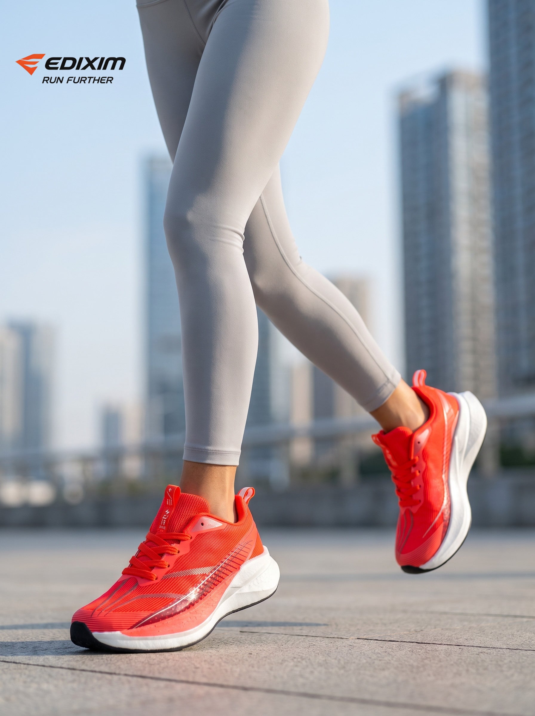 EDIXIM Bright Red Gradient Mesh Women Road Running Sneakers Ultra-Light Breathable Knit Thick White Wedge Shock Absorbing Cushion Athletic Trainers for City High-Rise Jogging Marathon Daily Fitness