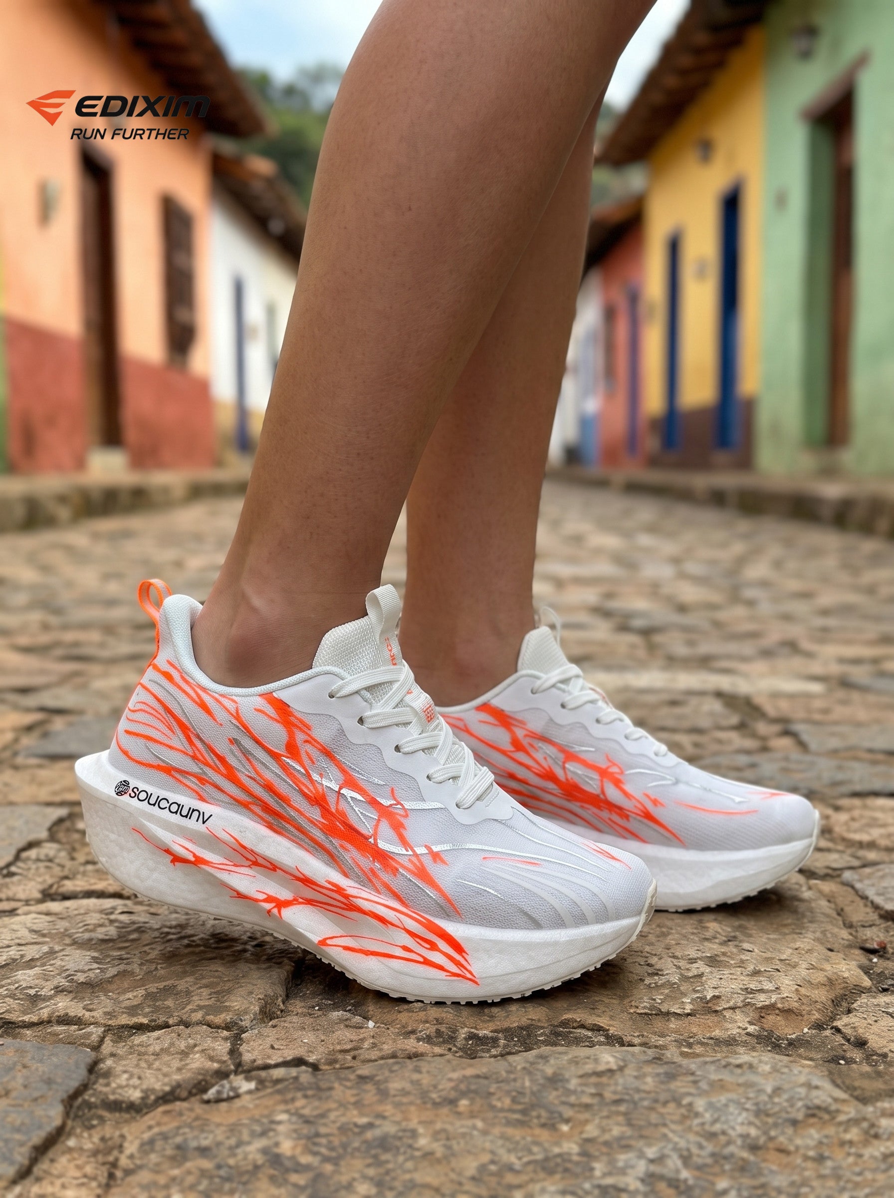 EDIXIM White Orange Abstract Print Women Road Running Sneakers Lightweight Breathable Mesh Thick Cushion Shock Absorbing Athletic Trainers for Latin Colonial Town Street Jogging Marathon Daily Workout
