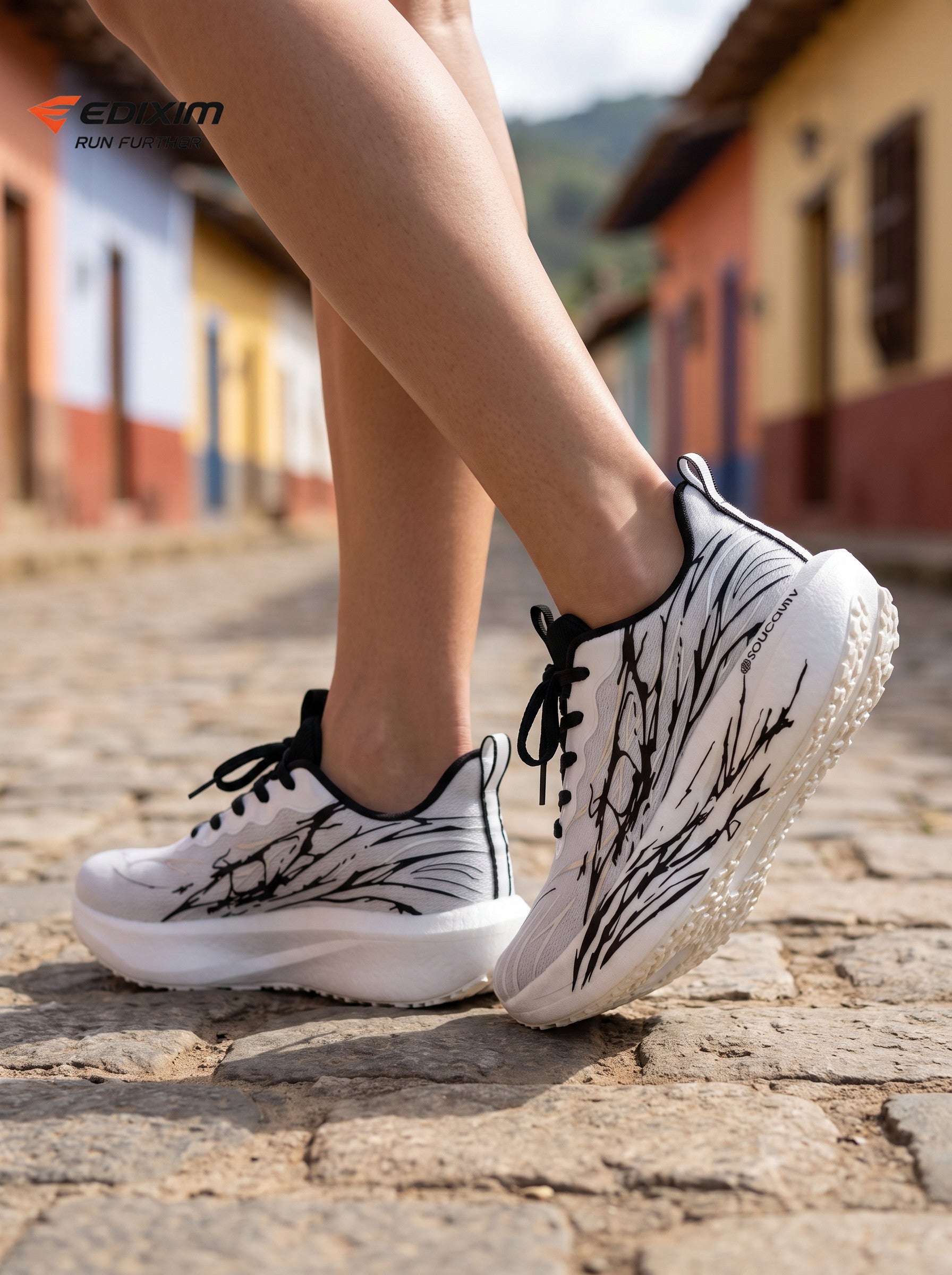 EDIXIM White Black Abstract Ink Print Women Road Running Sneakers Ultra-Light Breathable Mesh Thick Shock Absorbing Cushion Athletic Trainers for Latin Colonial Town Jogging Marathon Daily Workout