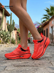 EDIXIM Bright Orange Hollow Cutout Midsole Women Professional Running Sneakers Breathable Perforated Mesh Shock Absorbing Anti-Collision Athletic Trainers Asphalt Road Jogging Shoes