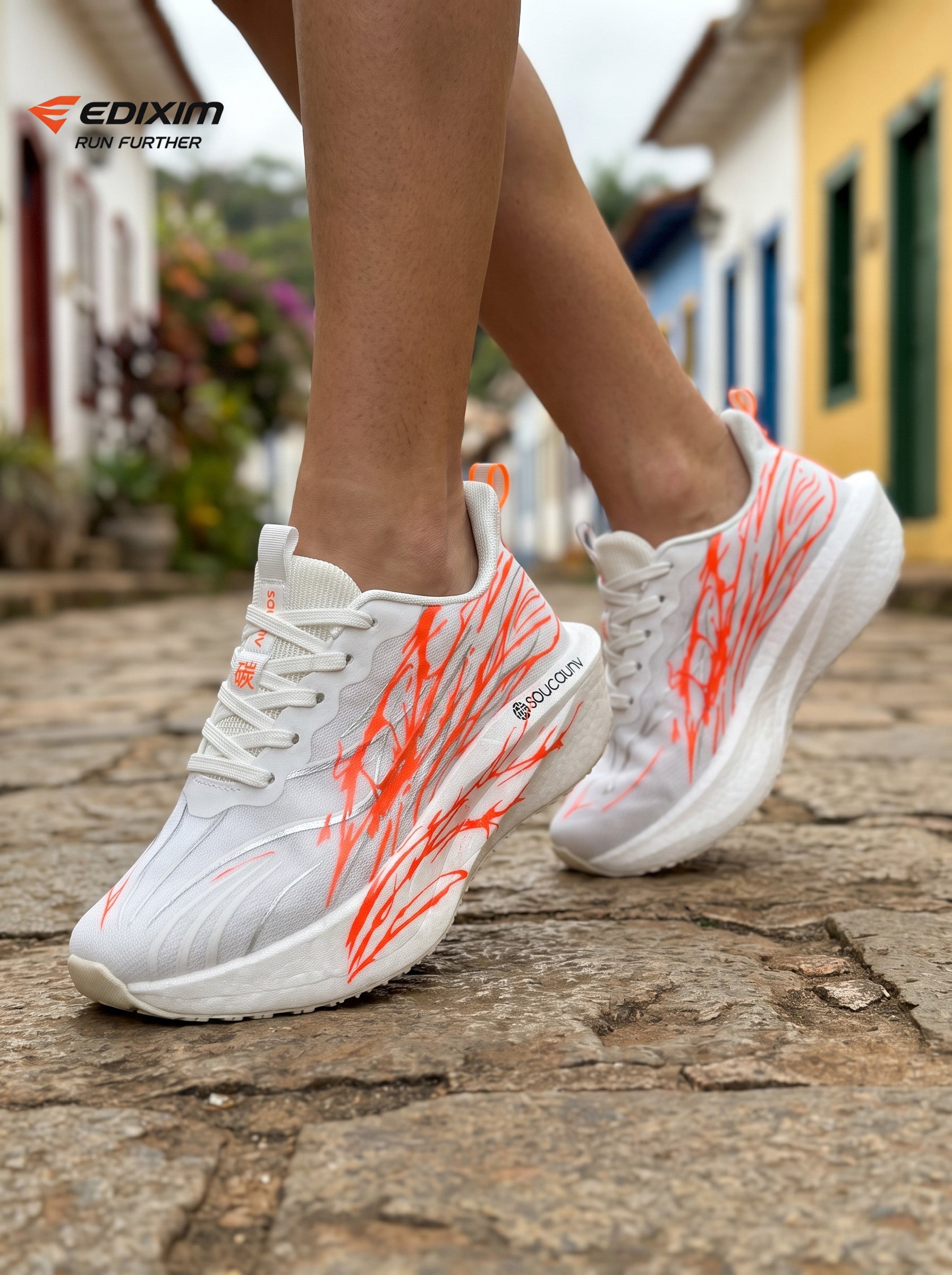 EDIXIM White Orange Abstract Print Women Road Running Sneakers Lightweight Breathable Mesh Thick Cushion Shock Absorbing Athletic Trainers for Latin Colonial Town Street Jogging Marathon Daily Workout