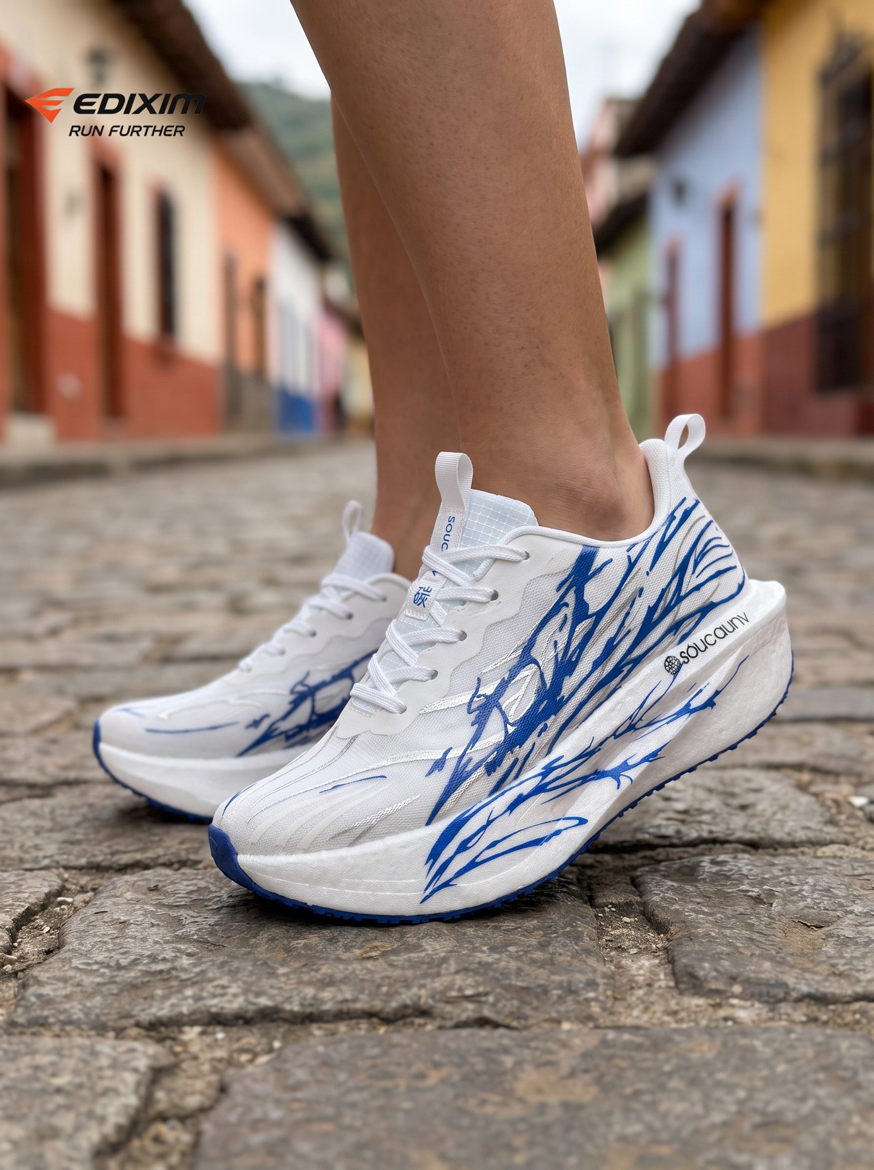EDIXIM White Blue Abstract Splash Women Road Running Sneakers Ultra-Light Breathable Mesh Thick Shock Absorbing Cushion Athletic Trainers for Latin Colonial Town Street Jogging Marathon Daily Workout