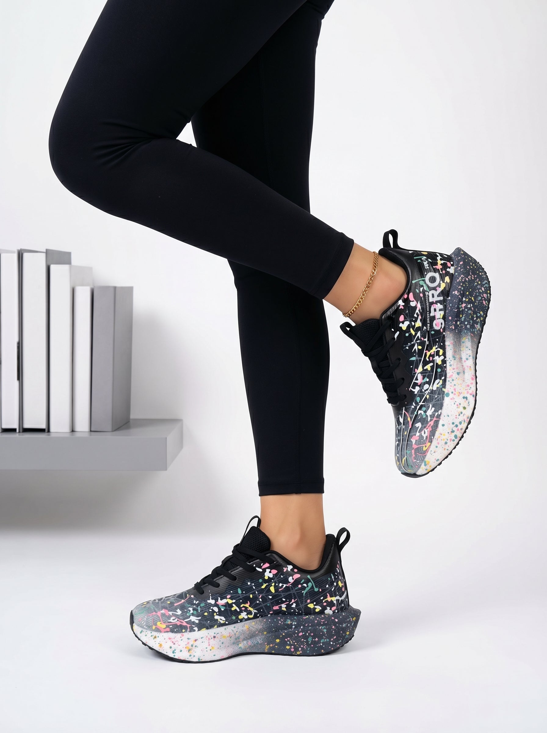 Black Multicolor Splatter Women's Athletic Running Sneakers | Breathable Lightweight | Edixim
